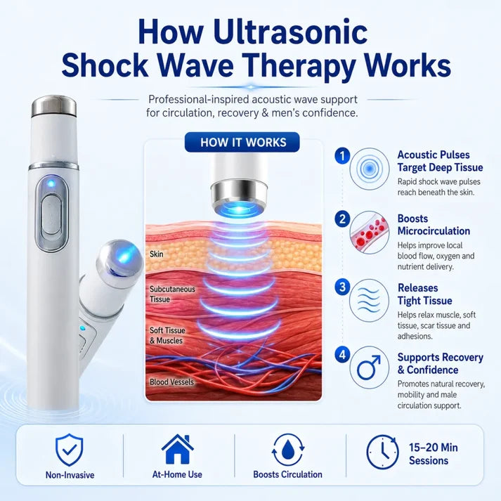 Advanced Acoustic Shockwave Therapy restores penile tissue health to enhance rise rigidity, stamina, and male performance confidence, relieving muscle pain, joint stiffness, tendon discomfort